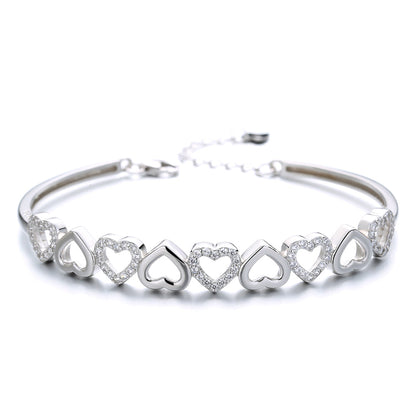 Sterling Silver & Swarovski Crystal Hearts Bangle Adjustable Bracelet