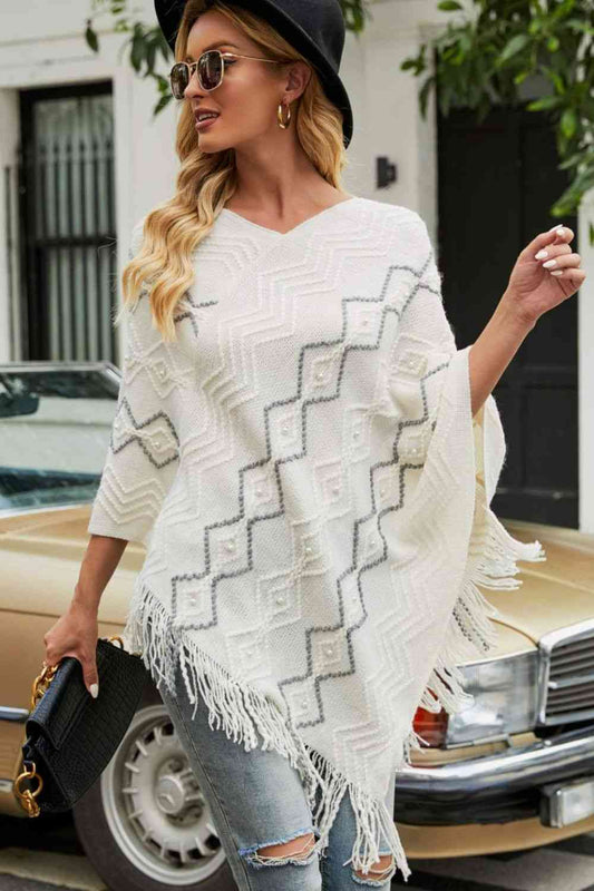 Pearled-Trim V-Neck Fringe Hem Poncho