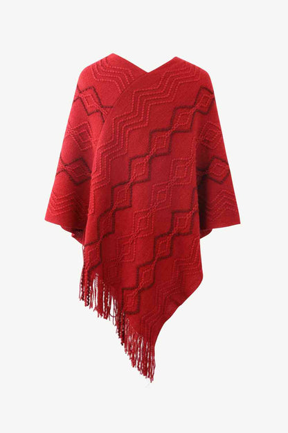 Pearled-Trim V-Neck Fringe Hem Poncho