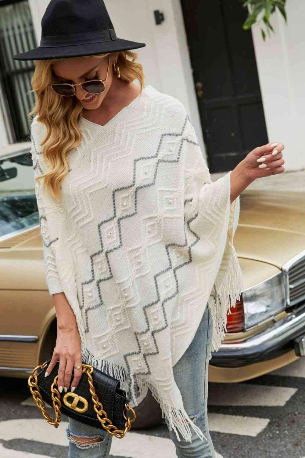 Pearled-Trim V-Neck Fringe Hem Poncho