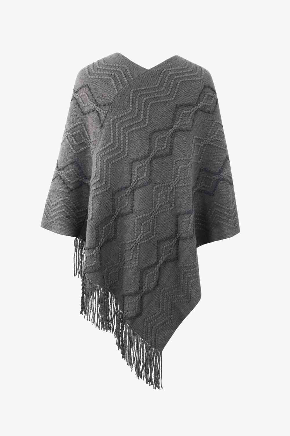 Pearled-Trim V-Neck Fringe Hem Poncho