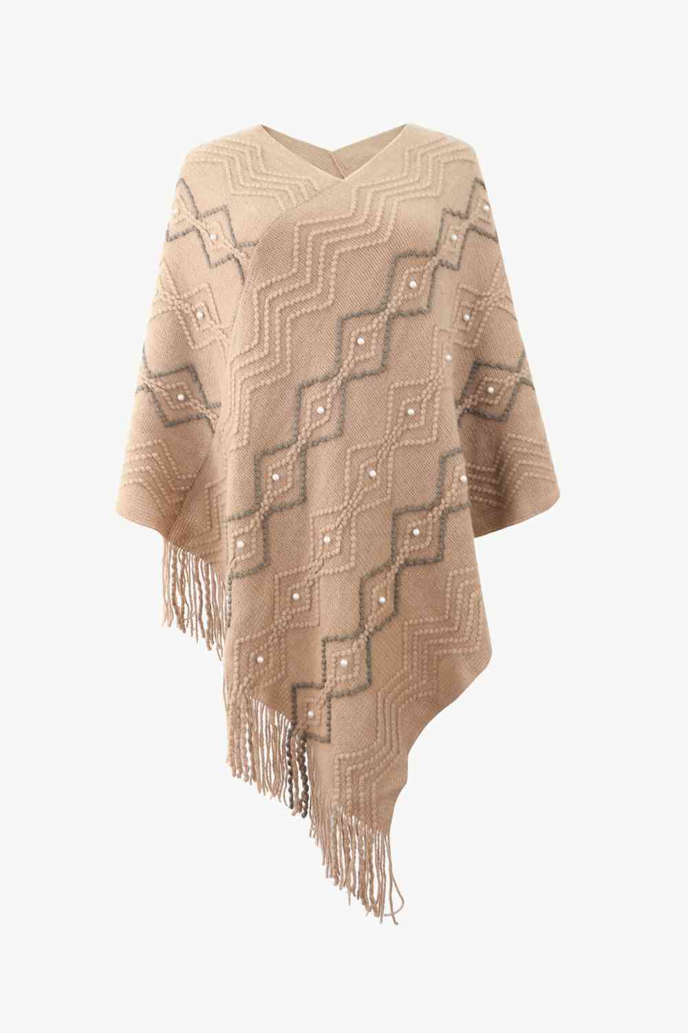 Pearled-Trim V-Neck Fringe Hem Poncho