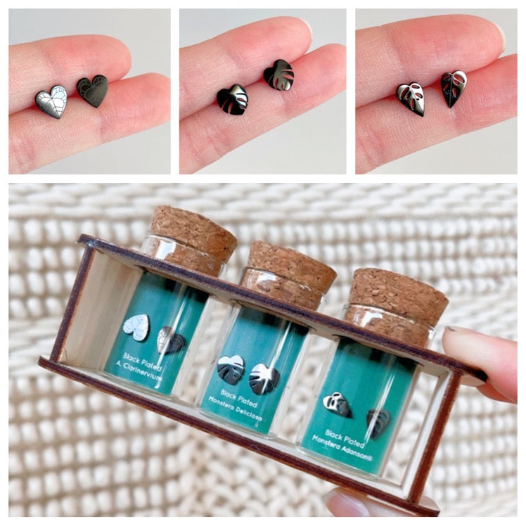 Black Plated Plant Stud Earrings Propagation Station Set