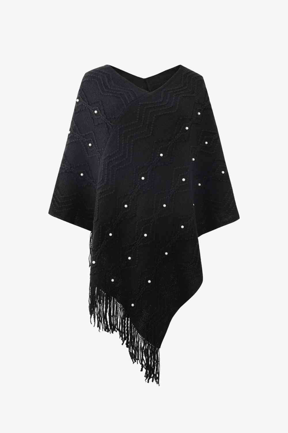 Pearled-Trim V-Neck Fringe Hem Poncho