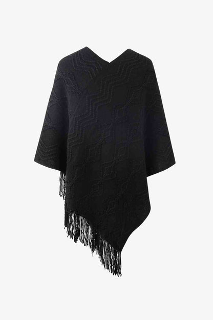 Pearled-Trim V-Neck Fringe Hem Poncho