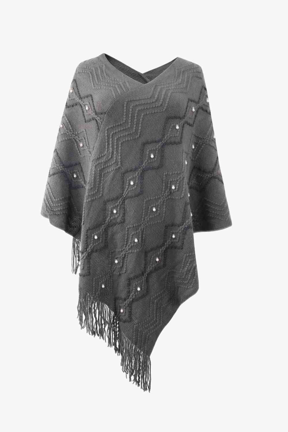 Pearled-Trim V-Neck Fringe Hem Poncho