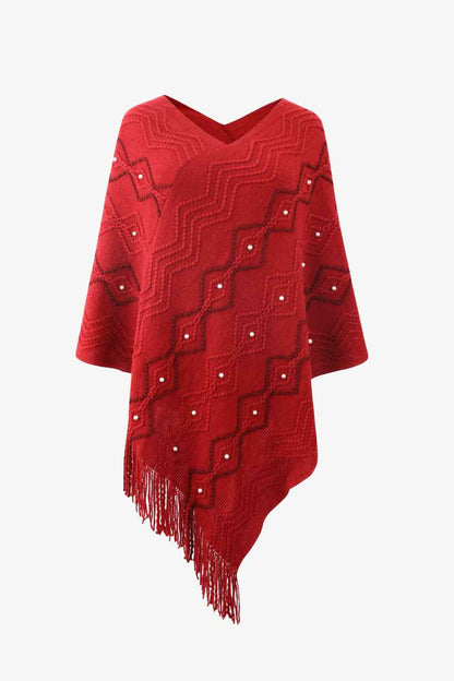 Pearled-Trim V-Neck Fringe Hem Poncho