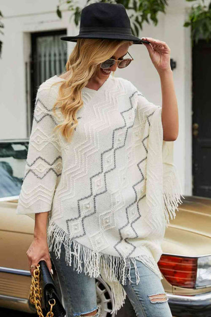 Pearled-Trim V-Neck Fringe Hem Poncho