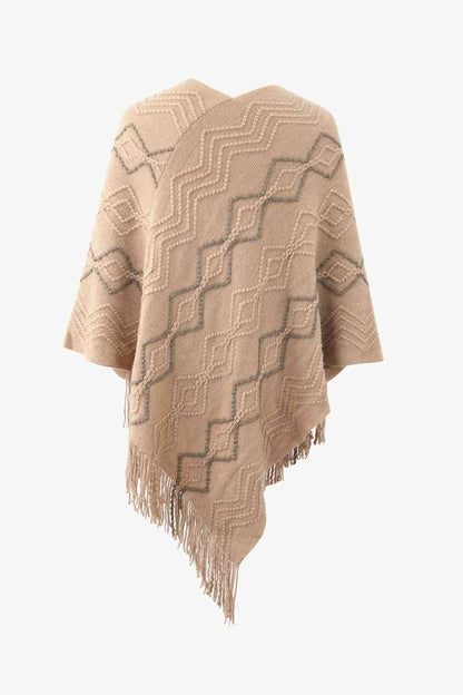 Pearled-Trim V-Neck Fringe Hem Poncho